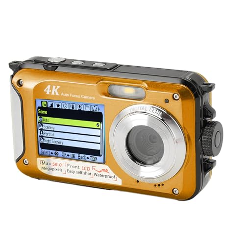 Brrnoo 4K 56MP Dual -Screen -wasserdichte Kamera, 16 -Fach Digitaler Zoom, 64 G Speicherkarte, Gesichtserkennung, mit 2 Batterien, für den Unterwassergebrauch (Yellow) von Brrnoo