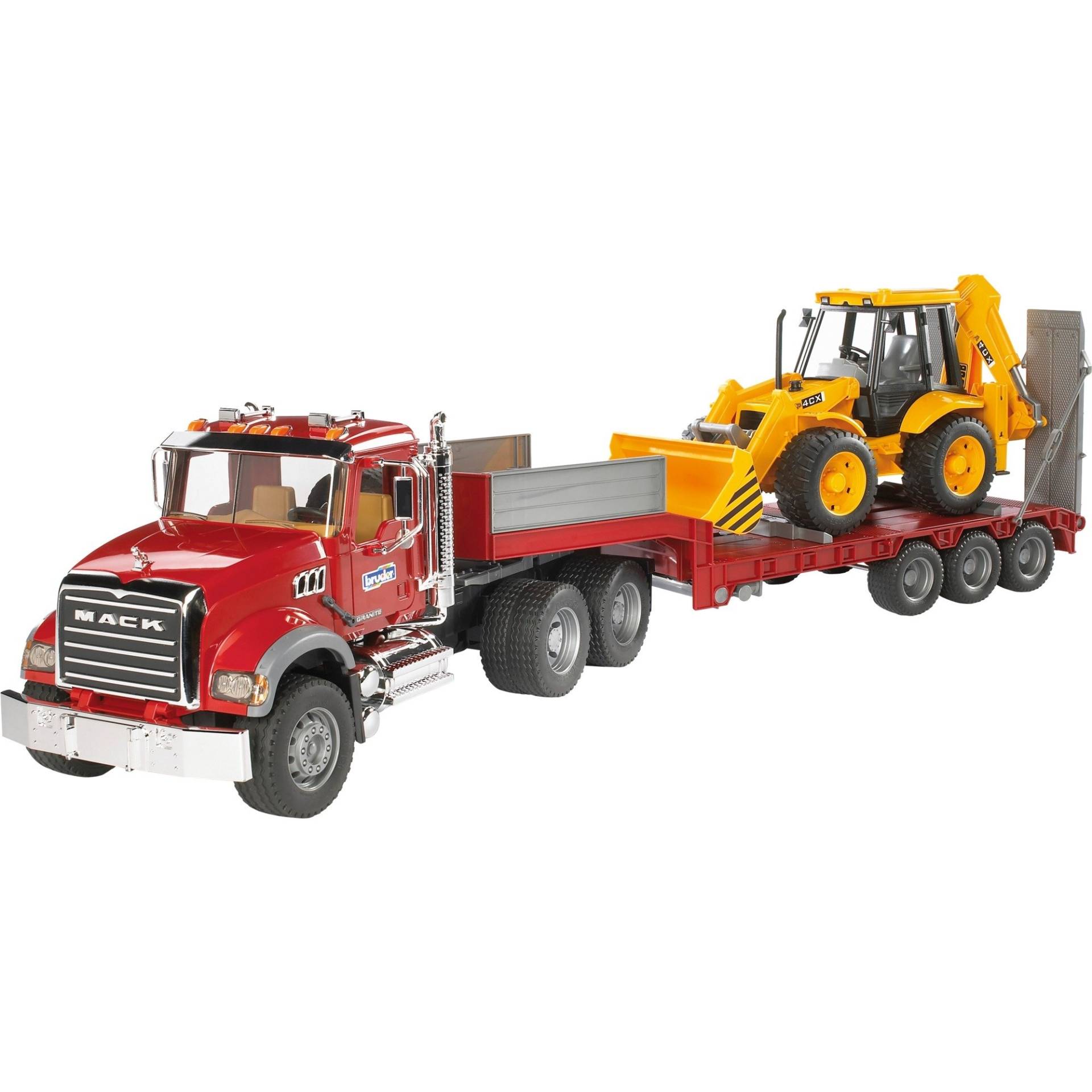 MACK Granite Tieflader und JCB 4CX Baggerlader, Modellfahrzeug von Bruder