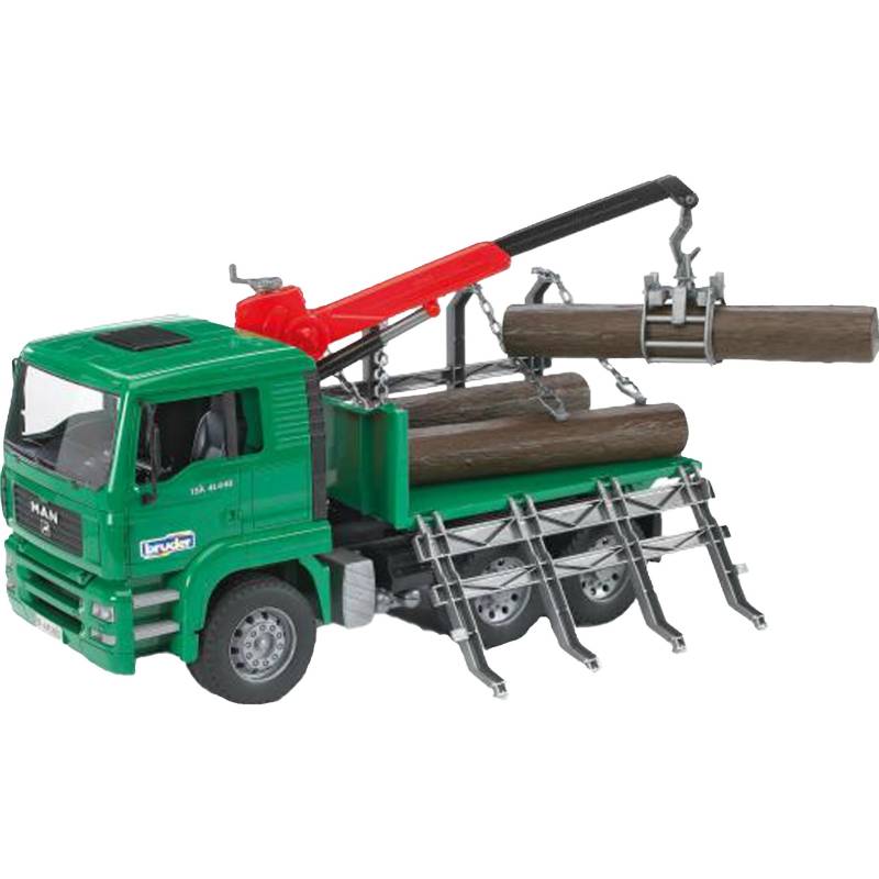 MAN Holztransport-LKW mit Ladekran und 3 Baumstämmen, Modellfahrzeug von Bruder