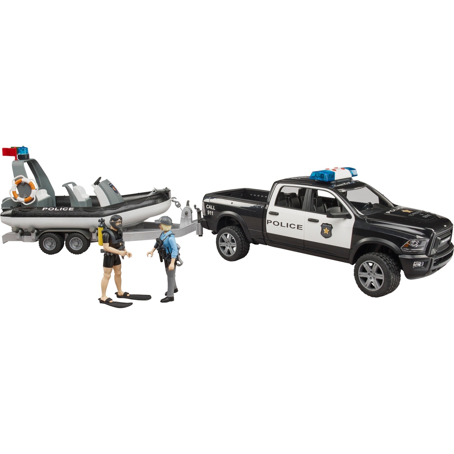 RAM 2500 Polizei Pickup, L+S Modul, Anhänger mit Boot, Modellfahrzeug von Bruder