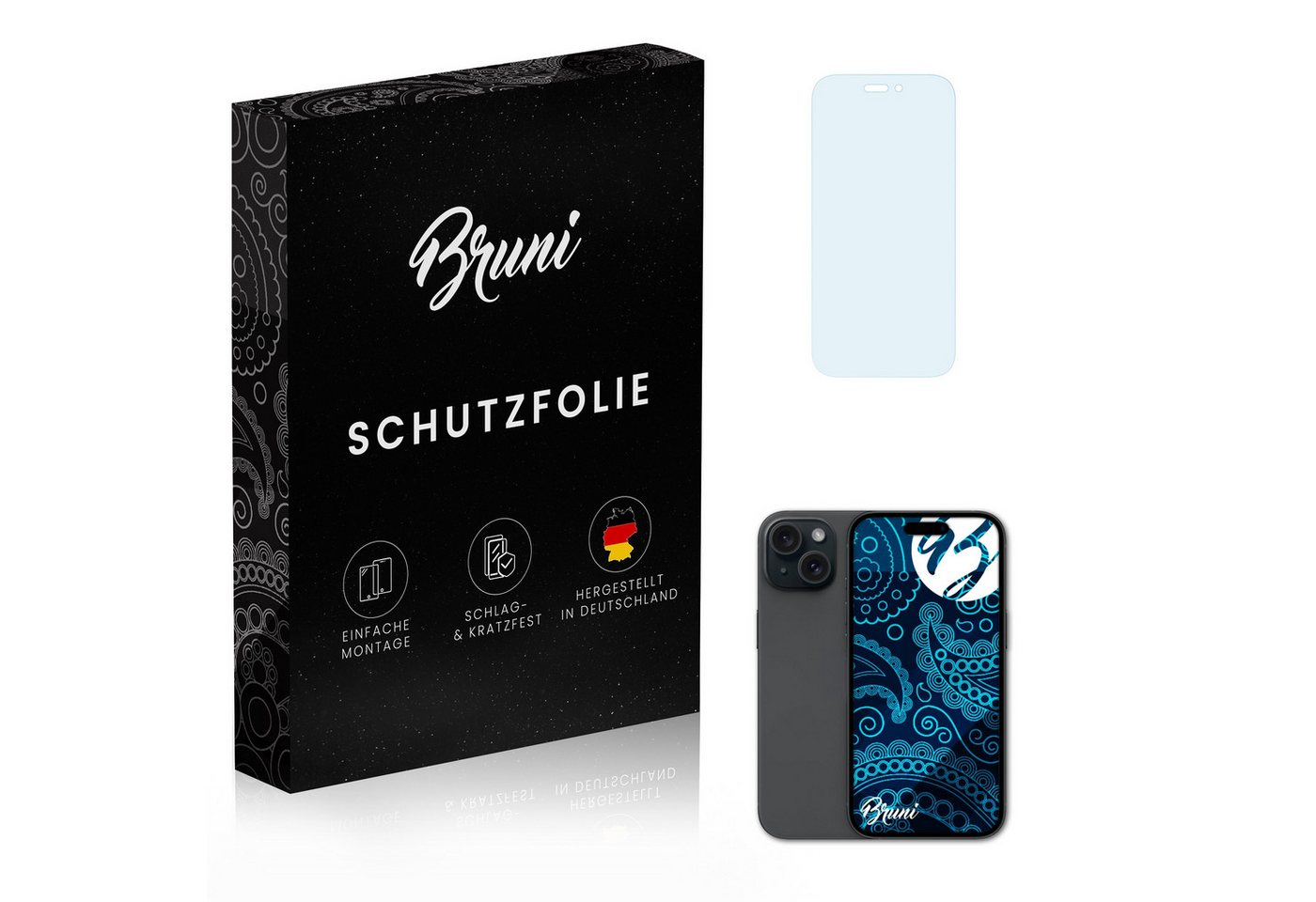 Bruni Schutzfolie Glasklare Displayschutzfolie für iPhone 15 Casefit, (2 Folien), praktisch unsichtbar von Bruni