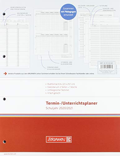 BRUNNEN 1075700001 Wochen-Ersatzkalendarium/Lehrerkalender, Termin- & Unterrichtsplaner 2020/2021, 2 Seiten = 1 Woche , Überformat A4: 23 x 29,7 cm von BRUNNEN