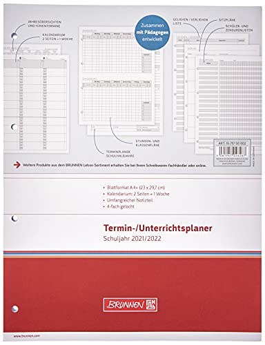 BRUNNEN 1075700002 Wochen-Ersatzkalendarium für Lehrerkalender/Termin- & Unterrichtsplaner 2021/2022, 2 Seiten = 1 Woche, Überformat A4: 23 x 29,7 cm von Brunnen