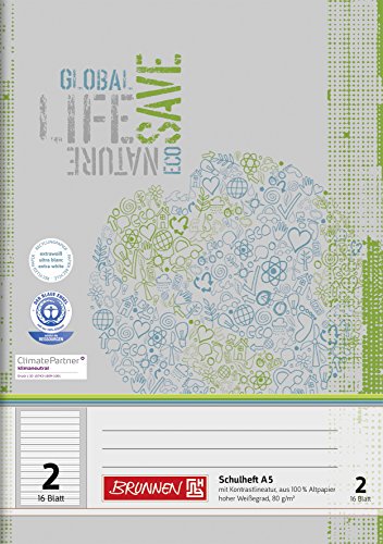 BRUNNEN Schulheft A5 Lineatur 2, 16 Blatt, Kontrastlineatur, Recyclingpapier von Brunnen