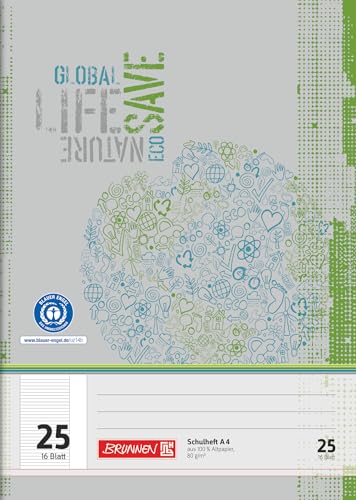 BRUNNEN Schulheft Recycling | A4, Lineatur 25, 16 Blatt, grün/grau von BRUNNEN