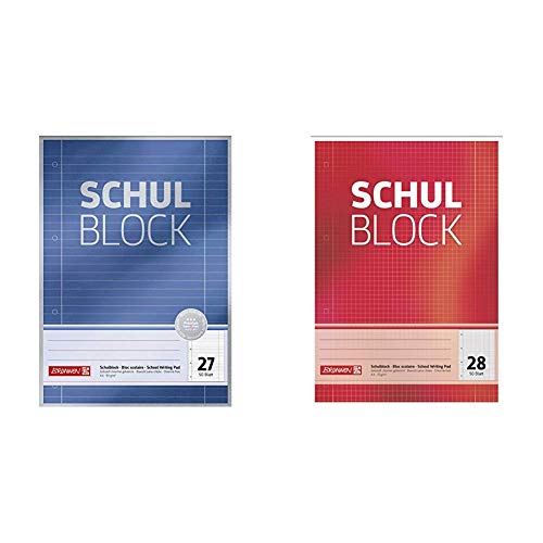 Brunnen 1052627 Schulblock/Notizblock Premium & 1052528 Schulblock/Notizblock (A4, 50 Blatt, kariert, mit Randlinien, Lineatur 28, gelocht, kopfverleimt, 70 g/m²) von Brunnen