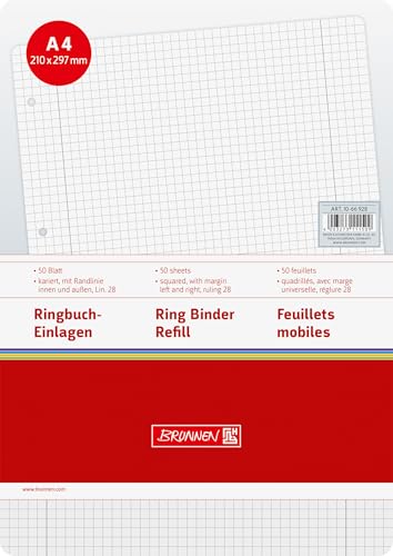 Brunnen 1066928 Ringbucheinlagen A4 (kariert, mit Randlinien, Lineatur 28, 50 Blatt, 70 g/m²), weiß von BRUNNEN