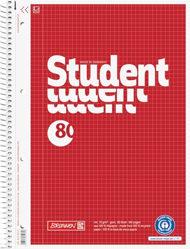 BRUNNEN Collegeblock Student Recycling | A4, Lineatur 22, 80 Blatt, rot von BRUNNEN