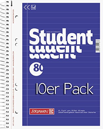 Brunnen 1067951 Notizblock / Collegeblock Student (A5, liniert, 70 g/m², 80 Blatt) 10er Pack von BRUNNEN