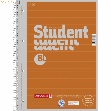 5 x Brunnen Kollegblock Student A4 liniert 70g/qm 80 Blatt Recycling o von Brunnen
