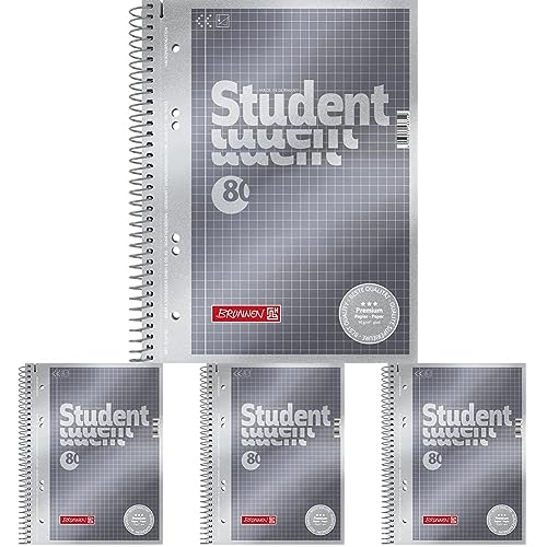 Brunnen Notizblock/Collegeblock Student Premium, 4-fach-gelocht (Veredeltes DeckBlatt mit Metallic-Effekt, A5, kariert, 90 g/m², 80 Blatt) (Packung mit 4) von Brunnen