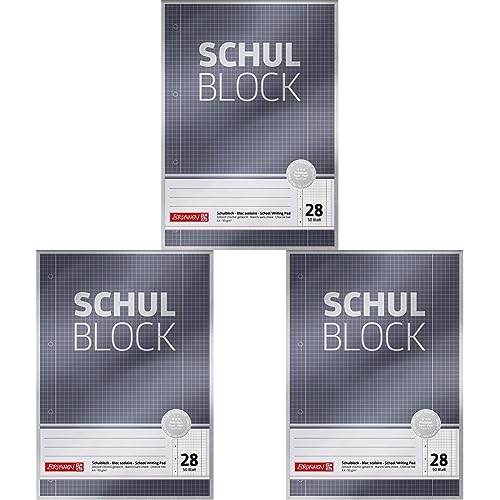 Brunnen Schulblock/Notizblock Premium (A4, 50 Blatt, kariert, mit Randlinien, Lineatur 28, gelocht, kopfverleimt, 90 g/m²) (Packung mit 3) von Brunnen