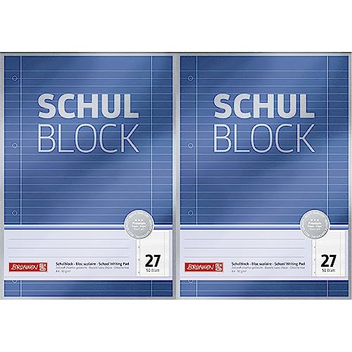 Brunnen Schulblock/Notizblock Premium (A4, 50 Blatt, liniert, mit Randlinien, Lineatur 27, gelocht, kopfverleimt, 90 g/m²) (Packung mit 2) von Brunnen