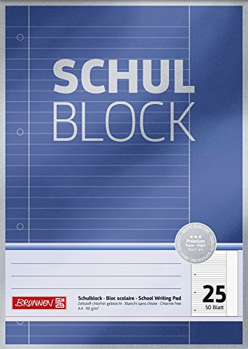 Brunnen Schulblock / Notizblock Premium (A4, 50 Blatt, liniert, mit Rand, Lineatur 25, gelocht, kopfverleimt, 90 g/m²) von Brunnen