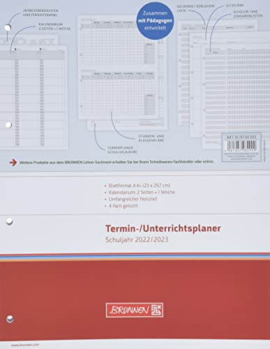 Brunnen Wochen-Ersatzkalendarium Lehrer-Sortiment 2022/2023 Überformat A4: 23 x 29,7 cm: 2 Seiten = 1 Woche, 1075700003, weiß von Brunnen