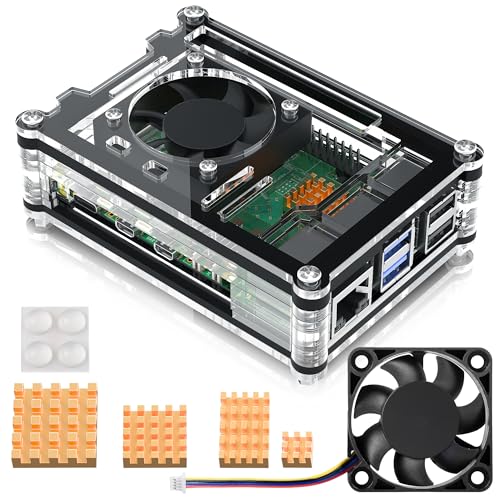 Bruphny Gehäuse für Raspberry Pi 5 8gb 4gb Mit 4pin Lüfter Acrylic Case with 40mm Leisem Fan 4pcs Kupfer Kühikörper Kompatibel Mit Raspberry Pi 5 Heatsink Zubehör von Bruphny