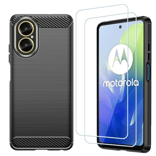 Bsdurable 4 in 1 für Realme C67 4G Hülle, Kohlefaser Handyhülle + 2 Schutzfolie - Dünne Stoßfeste TPU Silikon Cover Case Protection Panzerglas für Realme C67 4G 6,56 Zoll -Schwarz von Bsdurable