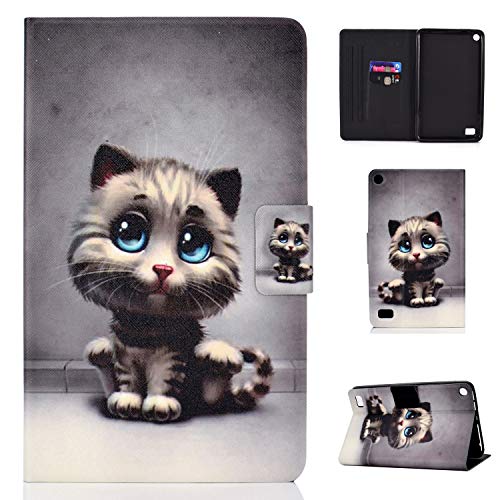 Bspring Hülle Kompatibel mit All-New Kindle Fire 7 Tablet (9th & 7th / 5th Generation – 2019 & 2017/2015 Modell) Kunstleder Ständer Schutzhülle mit Standfunktion,Haustier Katze von Bspring