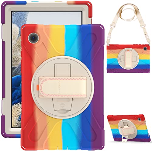 Bspring Hülle Kompatibel mit Samsung Galaxy Tab A8 10,5 Zoll 2021 (SM-X200/X205/X207), Stoßfeste Robuste Tragbare Hülle mit 360° Drehbarem Ständer, Handgurt und Schultergurt,Bunt-1 von Bspring
