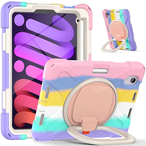 Bspring Hülle Kompatibel mit iPad Mini 6. Gen, iPad Mini 6 Hülle(8.3 Zoll, 2021) Anti-Drop Kinder-schutzhülle, Stoßfeste Robust Drehbar Stand Tablet Case, Regenbogen 1 von Bspring