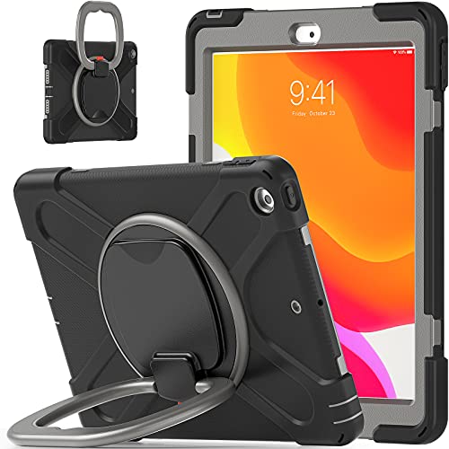 Bspring Stoßfest Hülle für Neues iPad 7th/8th Generation 10.2 Zoll 2019/2020, 360 Grad drehbar Ständer, mit Stifthalter und Handgurt,Schwarz + Grau von Bspring