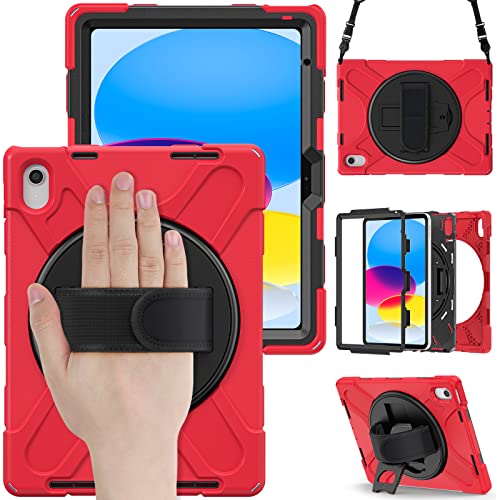 Bspring iPad 10 Generation Hülle 2022 10.9 Zoll, Robuste Stoßfeste Schutzhülle mit Stifthalter, Ständer und Handgurt, Schultergurt für 10,9" iPad 10. Generation A2696/A2757/A2777,Rot von Bspring