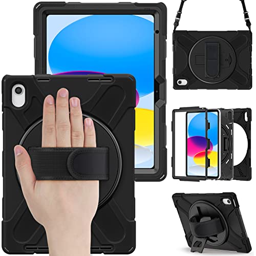 Bspring iPad 10 Generation Hülle 2022 10.9 Zoll, Robuste Stoßfeste Schutzhülle mit Stifthalter, Ständer und Handgurt, Schultergurt für 10,9" iPad 10. Generation A2696/A2757/A2777,Schwarz von Bspring