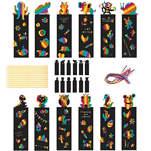 48 Stück Magic Regenbogen Scratch Papier, DIY Lesezeichen, Kratzbild-Lesezeichen, mit Bambusstab und Bändern, für Kinder Studenten Bastelbedarf (B) von Bssowe