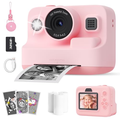 KinderKamera - DigitalKamera Sofortbildkamera Print 2.4 Zoll Bildschirm Videokamera Fotokamera mit 32GB Speicherkarte, 3 Rollen Druckpapier, 6 Farbigen Stiften Geschenk für Kinder 3-12 Jahren (Rosa) von Bteng