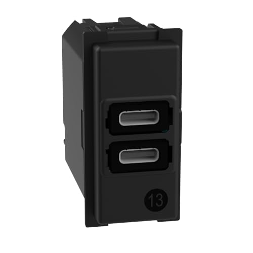 Bticino K4191CC USB-Ladegerät mit zwei Typ-C-Eingängen, zum Einbau in die Living Now-Platte zum Aufladen eines elektronischen Geräts bis zu 15 W oder zwei Geräte gleichzeitig, 1 Sitzer, schwarz von Bticino