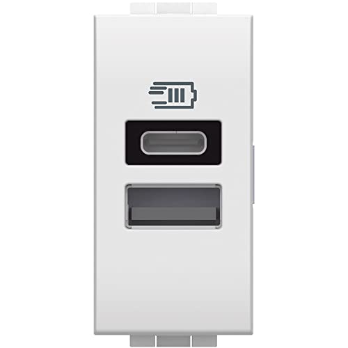Bticino N4191Aa USB-Ladegerät mit Zwei Eingängen Typ A E C, zum Installieren in der Livinglight-Platte, zum Aufladen eines elektronischen Geräts bis zu 15 W oder Zwei Baugruppen, 1 Modul, weiß von Bticino