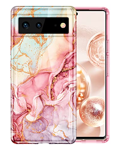 Btscase Schutzhülle für Google Pixel 6, goldfarben, glitzernd, Marmor-Muster, hartes Polycarbonat, schmale Passform, stoßfest, vollständiger Schutz, für Google Pixel 6 (2021), Roségold von Btscase