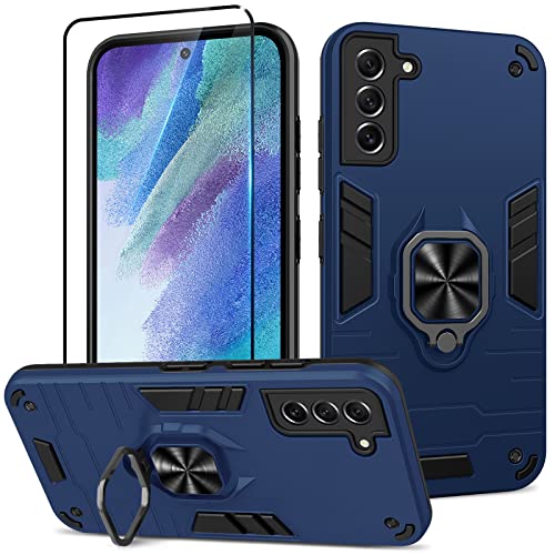Btstring Hülle für Samsung Galaxy S21 FE mit Panzer Schutz Glas, Militär Standard Stoßfest Handyhülle Case Hybrid Metall Ring Halter Schutzhülle Handy Hüllen Cover- Blau von Btstring