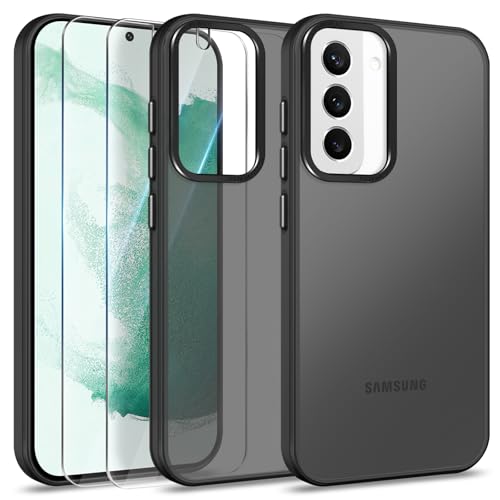 Btstring Hülle für Samsung Galaxy S22 mit 2 Stück Schutzfolie, Minimalistische Transluzente Matte Schutzhülle, Stoßfeste Kratzfeste Anti-Fingerabdruck Case, Schwarz von Btstring