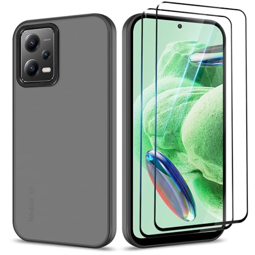 Btstring Hülle für Xiaomi Redmi Note 12 5G mit 2 Stück Schutzfolie, Minimalistische Transluzente Matte Schutzhülle, Stoßfeste Kratzfeste Anti-Fingerabdruck Case, Schwarz von Btstring