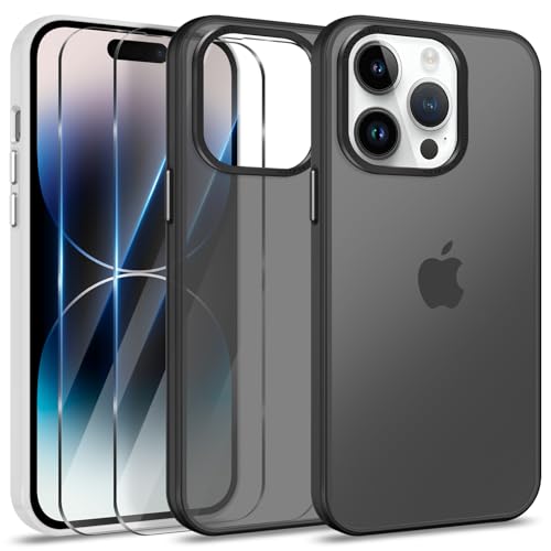 Btstring Hülle für iPhone 14 Pro mit 2 Stück Schutzfolie, Minimalistische Transluzente Matte Schutzhülle, Stoßfeste Kratzfeste Anti-Fingerabdruck Case, Schwarz von Btstring