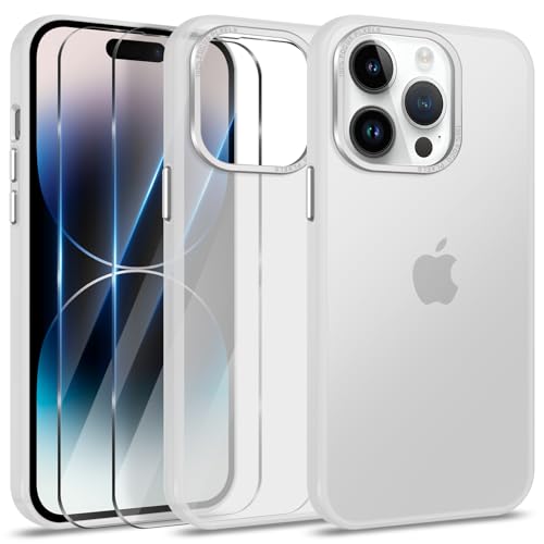 Btstring Hülle für iPhone 14 Pro mit 2 Stück Schutzfolie, Minimalistische Transluzente Matte Schutzhülle, Stoßfeste Kratzfeste Anti-Fingerabdruck Case, Transparent von Btstring