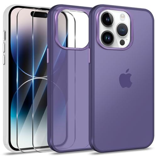 Btstring Hülle für iPhone 14 Pro mit 2 Stück Schutzfolie, Minimalistische Transluzente Matte Schutzhülle, Stoßfeste Kratzfeste Anti-Fingerabdruck Case, lila von Btstring