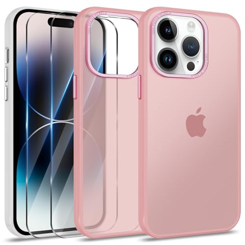 Btstring Hülle für iPhone 14 Pro mit 2 Stück Schutzfolie, Minimalistische Transluzente Matte Schutzhülle, Stoßfeste Kratzfeste Anti-Fingerabdruck Case, rosa von Btstring