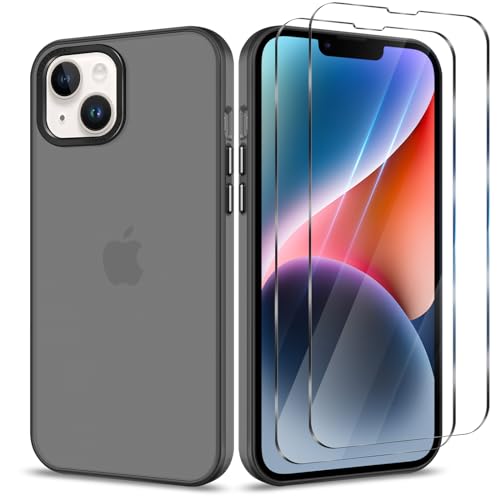 Btstring Hülle für iPhone 14 mit 2 Stück Schutzfolie, Minimalistische Transluzente Matte Schutzhülle, Stoßfeste Kratzfeste Anti-Fingerabdruck Case, Schwarz von Btstring