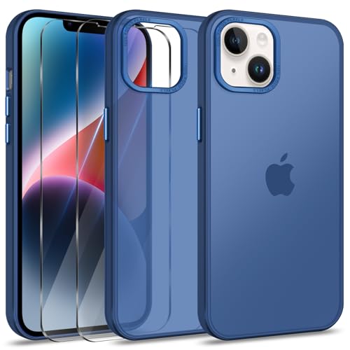 Btstring Hülle für iPhone 14 mit 2 Stück Schutzfolie, Minimalistische Transluzente Matte Schutzhülle, Stoßfeste Kratzfeste Anti-Fingerabdruck Case, blau von Btstring