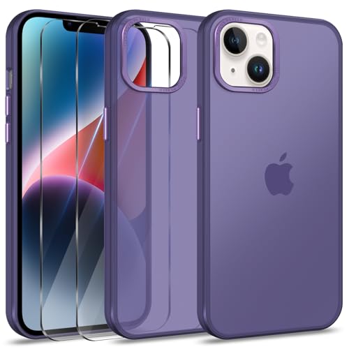 Btstring Hülle für iPhone 14 mit 2 Stück Schutzfolie, Minimalistische Transluzente Matte Schutzhülle, Stoßfeste Kratzfeste Anti-Fingerabdruck Case, lila von Btstring