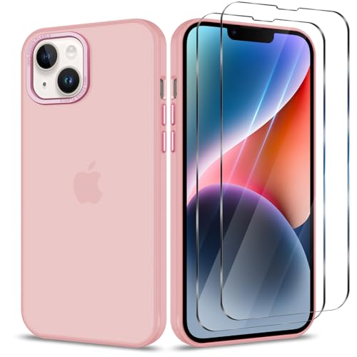 Btstring Hülle für iPhone 14 mit 2 Stück Schutzfolie, Minimalistische Transluzente Matte Schutzhülle, Stoßfeste Kratzfeste Anti-Fingerabdruck Case, rosa von Btstring