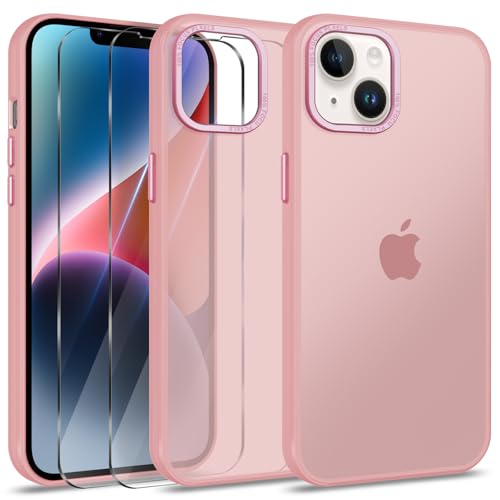 Btstring Hülle für iPhone 14 mit 2 Stück Schutzfolie, Minimalistische Transluzente Matte Schutzhülle, Stoßfeste Kratzfeste Anti-Fingerabdruck Case, rosa von Btstring