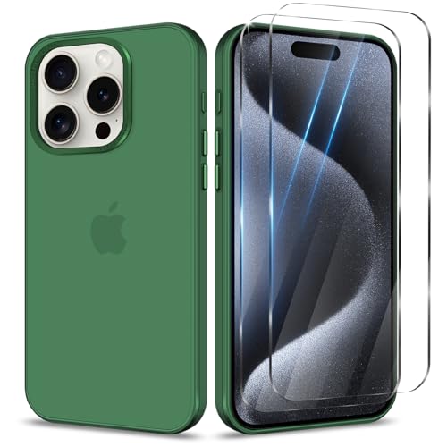 Btstring Hülle für iPhone 15 Pro mit 2 Stück Schutzfolie, Minimalistische Transluzente Matte Schutzhülle, Stoßfeste Kratzfeste Anti-Fingerabdruck Case, Grün von Btstring