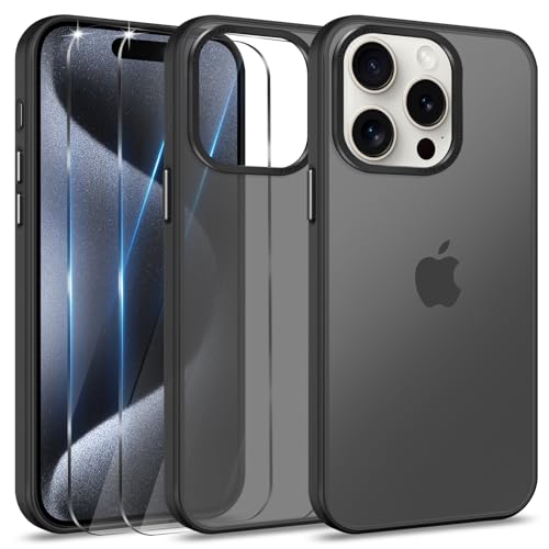 Btstring Hülle für iPhone 15 Pro mit 2 Stück Schutzfolie, Minimalistische Transluzente Matte Schutzhülle, Stoßfeste Kratzfeste Anti-Fingerabdruck Case, Schwarz Btstring Hülle für iPhone 15 Pro mit 2 Stück Schutzfolie, Minimalistische Transluzente Matte Schutzhülle, Stoßfeste Kratzfeste Anti-Fingerabdruck Case, Schwarz von Btstring