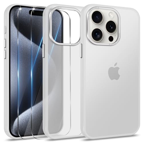 Btstring Hülle für iPhone 15 Pro mit 2 Stück Schutzfolie, Minimalistische Transluzente Matte Schutzhülle, Stoßfeste Kratzfeste Anti-Fingerabdruck Case, Transparent von Btstring