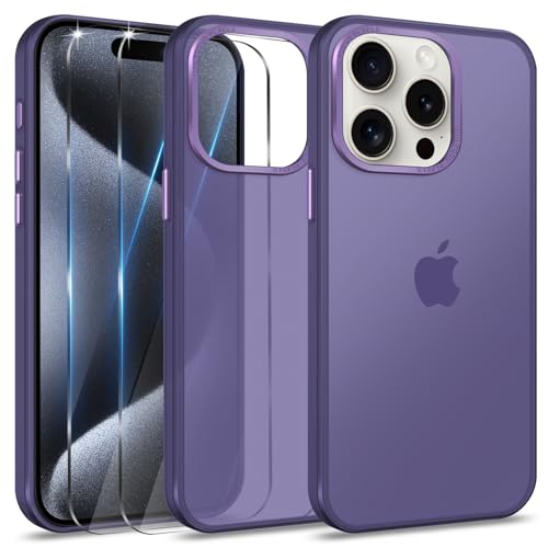 Btstring Hülle für iPhone 15 Pro mit 2 Stück Schutzfolie, Minimalistische Transluzente Matte Schutzhülle, Stoßfeste Kratzfeste Anti-Fingerabdruck Case, lila von Btstring