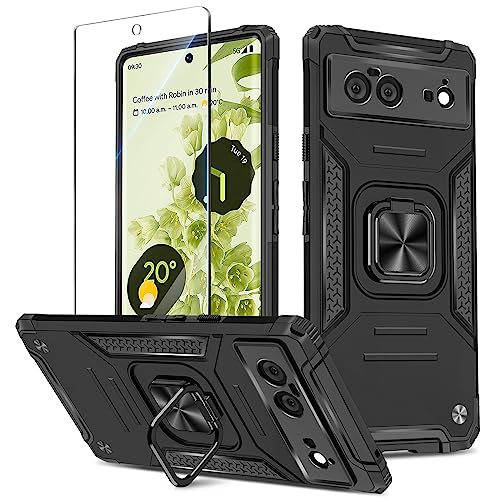 Btstring Hülle kompatibel mit Google Pixel 6 mit Schutzfolie, Militär Standard Stoßfest Handyhülle Case Hybrid Metall Ring Halter Schutzhülle Handy Hüllen Cover -Schwarz von Btstring