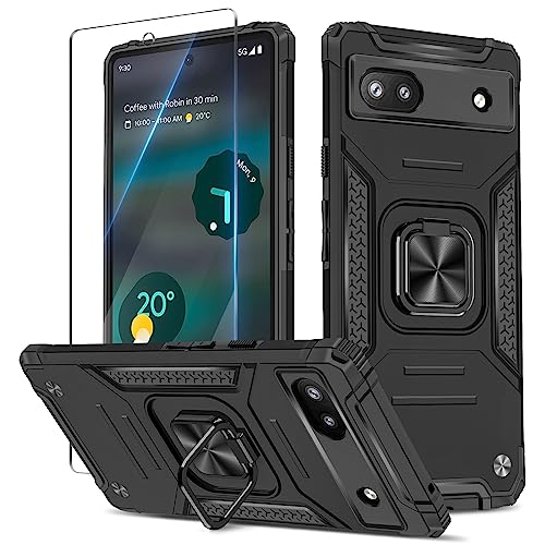 Btstring Hülle kompatibel mit Google Pixel 6A mit Schutzfolie, Militär Standard Stoßfest Handyhülle Case Hybrid Metall Ring Halter Schutzhülle Handy Hüllen Cover -Schwarz von Btstring